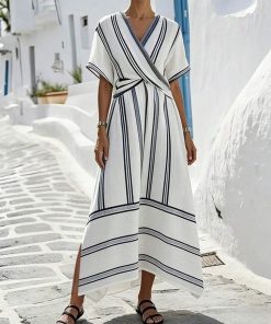 Elegant Striped V-Neck Wrap Maxi Dress